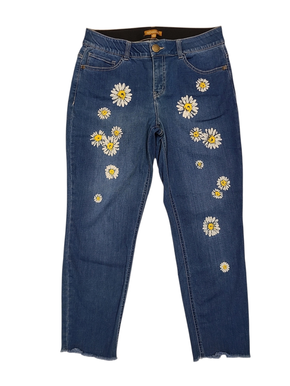 reCreation Maternity Jeans Medium Blue Denim Yellow White Daisy Floral Print 10